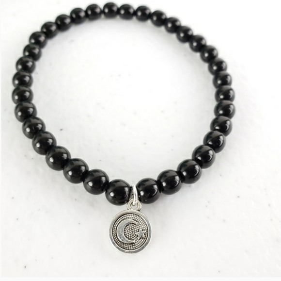 Black Jasper Stone Crescent Moon Bracelet - Picture 2 of 7